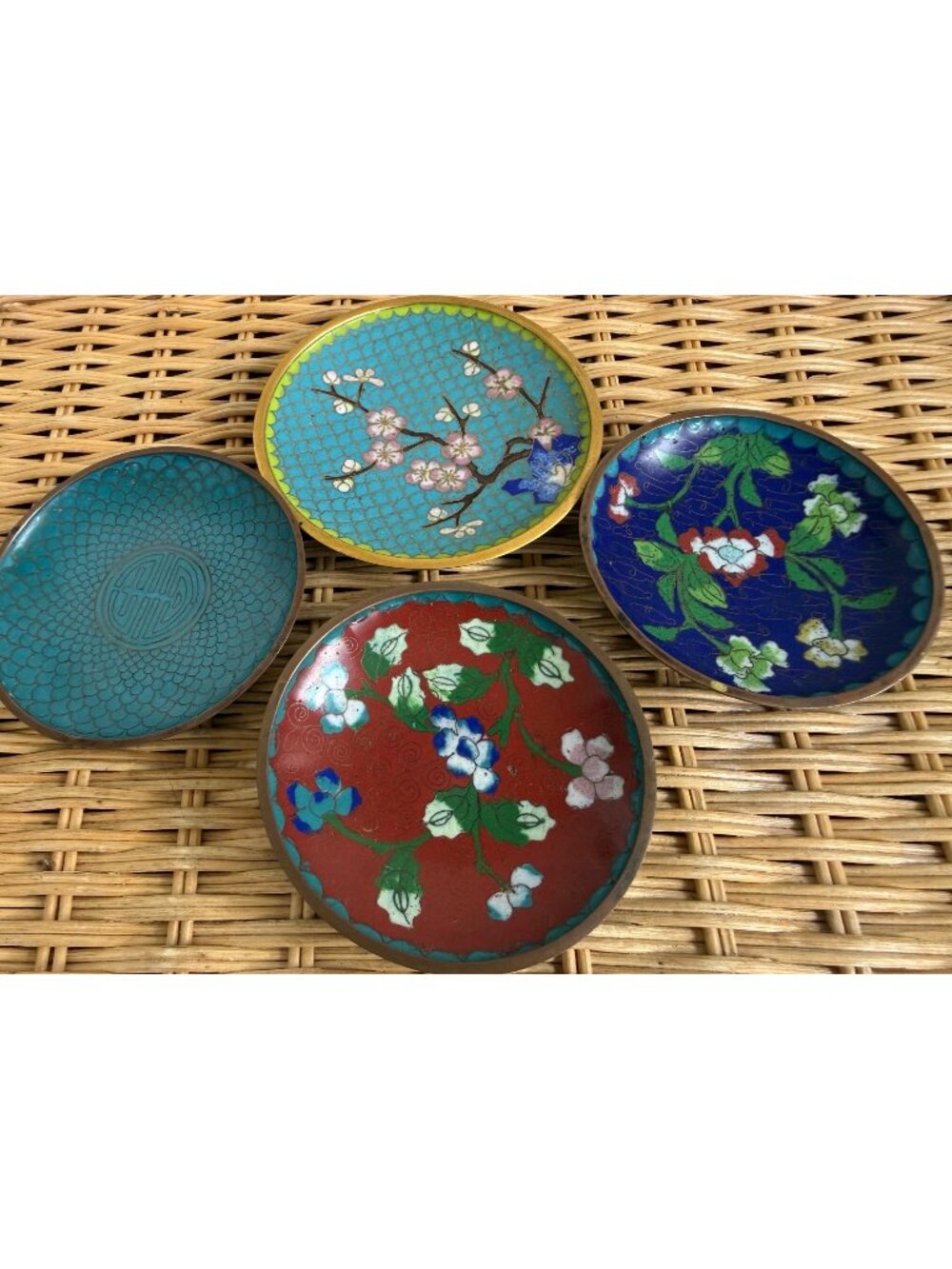Vintage 1930s Lot Chinese Small Trinket Dishes Floral Blossoms Enamel